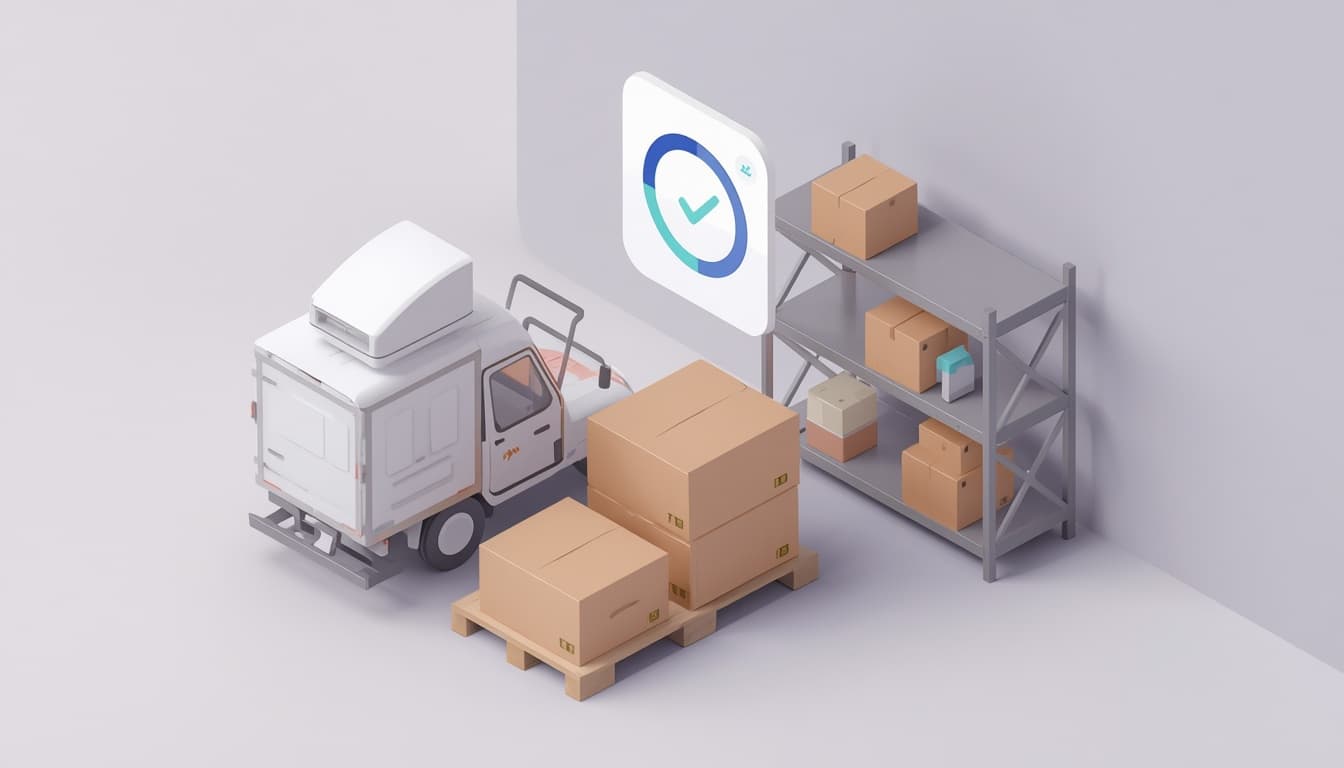 Illustration of stock arriving: a truck, boxes on a pallet and a shelf, with a completed progress check