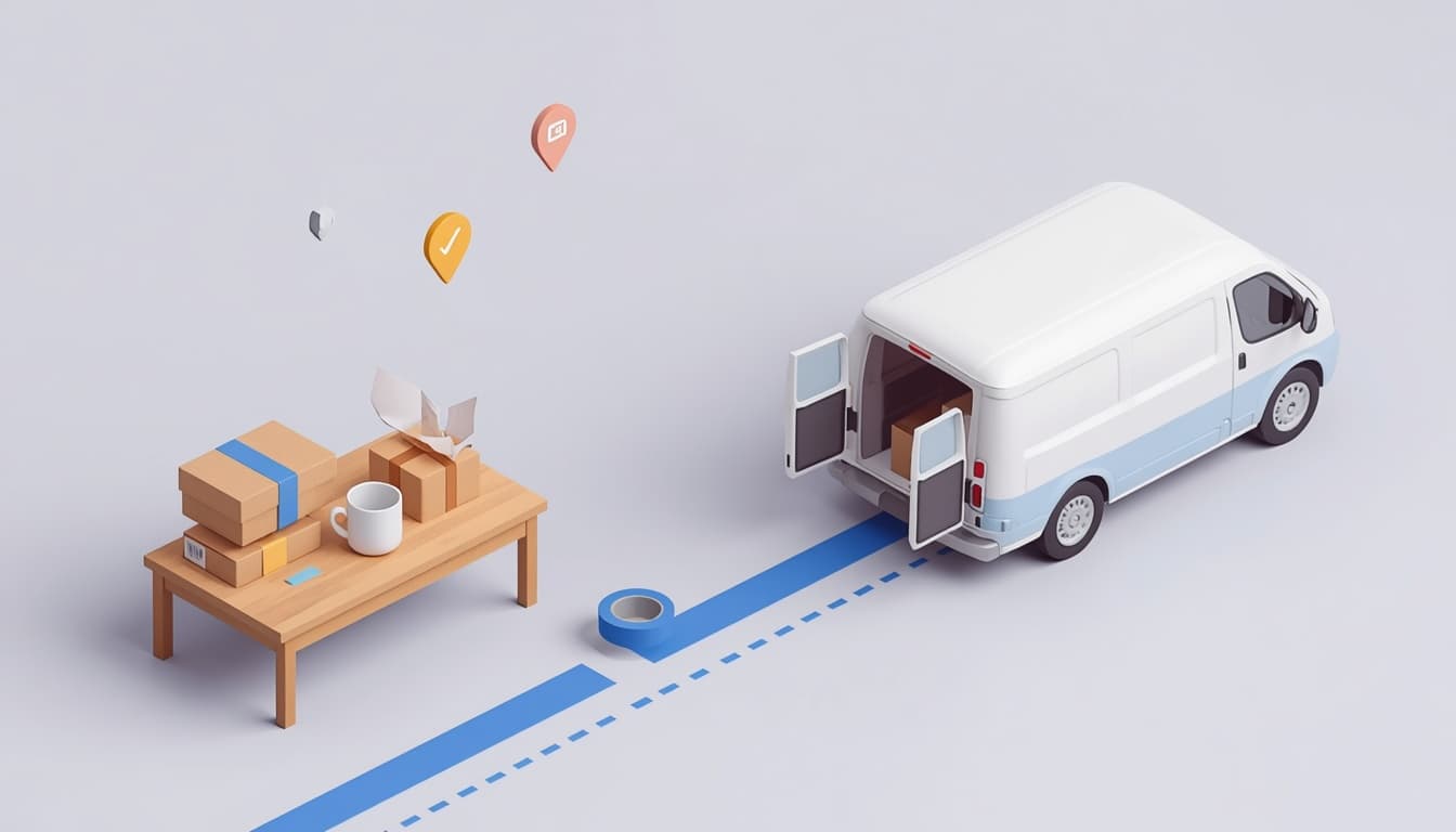 Illustration of an order leaving: packed boxes on a table and a delivery van with its doors open