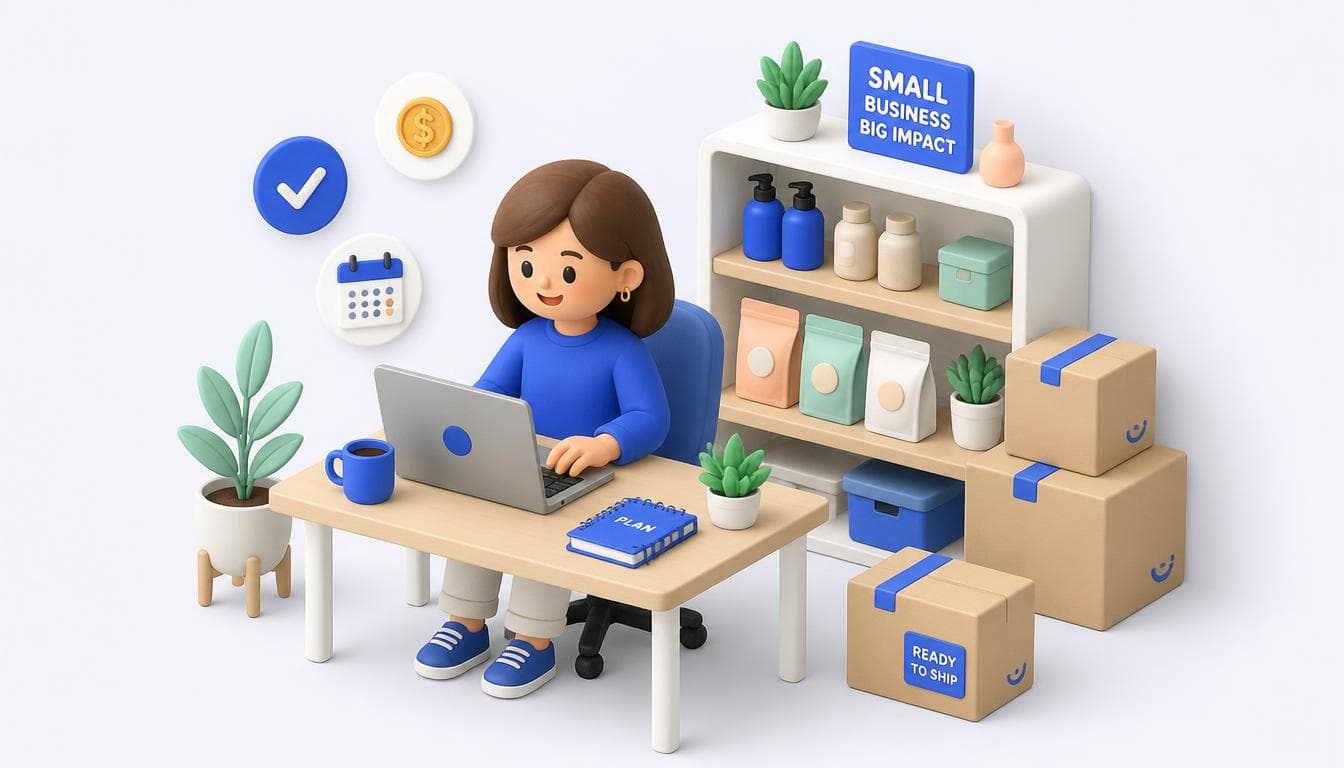 Illustration of a small business owner working calmly at a laptop, with products on shelves and boxes ready to ship